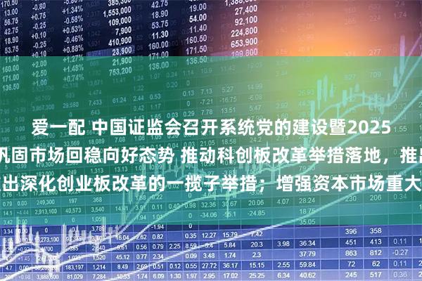 爱一配 中国证监会召开系统党的建设暨2025年年中工作会议 全力巩固市场回稳向好态势 推动科创板改革举措落地,推出深化创业板改革的一揽子举措;增强资本市场重大问题研究的权威性和影响力